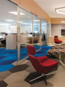 Geometric shapes are among the most interesting new developments in carpet tile as seen with Shaw’s Hexagon line inside the American Airlines Integrated Operations Center in Dallas.