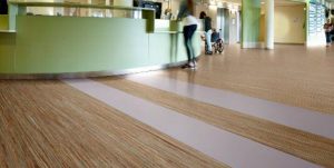 Forbo’s Marmoleum Striato collection presents linear floor designs in both warm neutrals and bright colors.